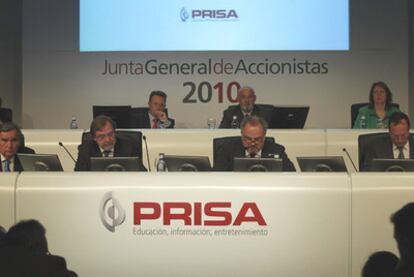 El presidente de PRISA, Ignacio Polanco, y el consejero delegado, Juan Luis Cebrián, en la última junta de accionistas del grupo.
Kamal M. Bherwani.