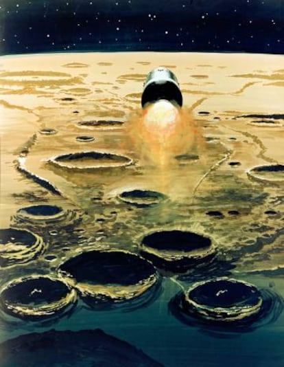 Una ilustración de la NASA de 1968 figura el vuelo del 'Apolo 8' sobre la Luna.