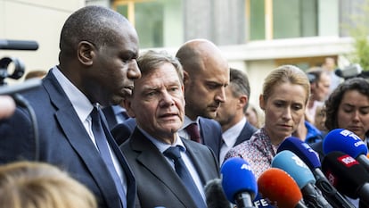 El ministro británico de Exteriores, David Lammy; el francés Jean-Noël Barrot; el alemán Johann Wadephul, y la alta representante de la UE, Kaja Kallas, este viernes en Ginebra (Suiza).