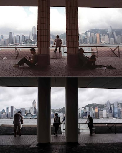 Arriba: dos hombre se relajan en la sombra mientras otro observa el puerto Victoria desde el paseo marítimo de un centro cultura, uno de los mejores lugares para ver el horizonte de Hong Kong; abajo: unos visitantes observan Hong Kong desde el paseo que recorre el puerto Victoria, el 12 de junio de 2017.