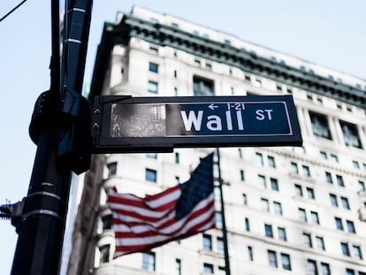 A sign for Wall Street near New York Stock Exchange in New York on March 7, 2023.