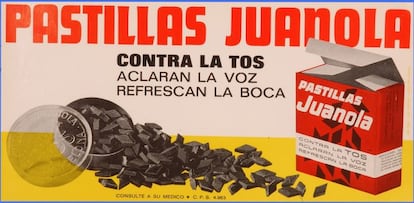 Cartel publicitario anunciando las virtudes de las pastillas de regaliz. 