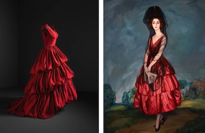 A la izda. 'Vestido de noche', 1952. Cristóbal Balenciaga. Dcha. 'Retrato de María del Rosario de Silva y Gurtubay, Duquesa de Alba', 1921. Ignacio Zuloaga. |