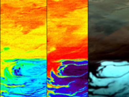 La imagen de la derecha muestra la superficie visible de Marte; la del centro, la concentración de C02 helado en el mismo área; y la de la izquierda, la presencia de agua helada.