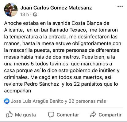 Publicación del concejal del PP en la Granja de San Ildefonso Juan Carlos Gómez Matesanz en su cuenta de Facebook.