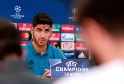 Marco Asensio, durante la rueda de prensa de este lunes en Nicosia. 