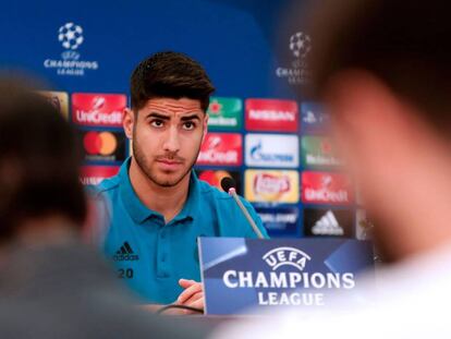 Marco Asensio, durante la rueda de prensa de este lunes en Nicosia. 