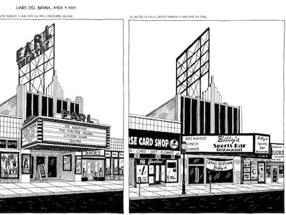 El teatro Earl del Bronx tal como era en 1941 y, a la derecha, hoy convertido en restaurante. 