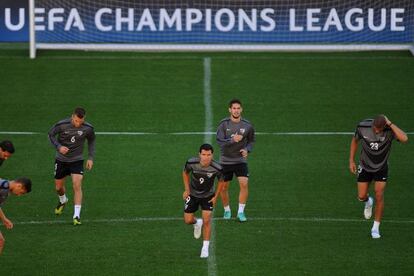 Malaga's players preparing for the Milan clash at La Rosaleda on Tuesday.