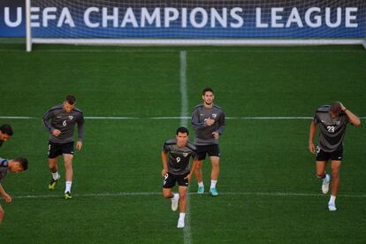 Malaga&#039;s players preparing for the Milan clash at La Rosaleda on Tuesday. 