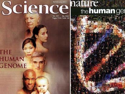 Portadas de los números de las revistas <i>Science</i> y <i>Nature</i> en los que se publicaron los borradores del genoma humano.