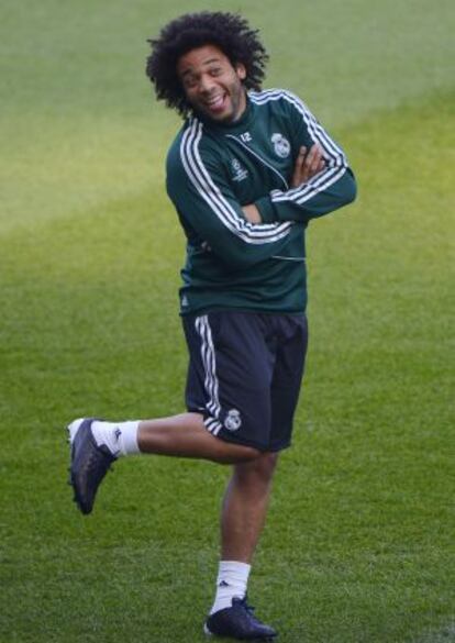 Real Madrid&#039;s Brazilian defender Marcelo gestures during a training session at the Etihad stadium in Manchester on March 4.