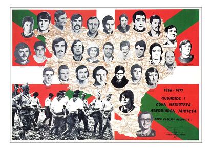 Cartel propagandístico de 1977, con fotos de los miembros de ETA muertos.