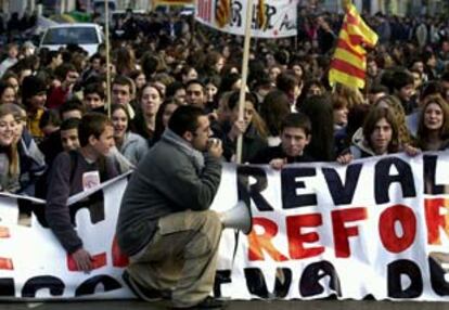 Un momento de la manifestación de estudiantes celebrada esta mañana en Barcelona.