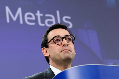  EL vicepresidente Séjourné, durante una rueda de prensa en Bruselas el 19 de marzo de 2025. 