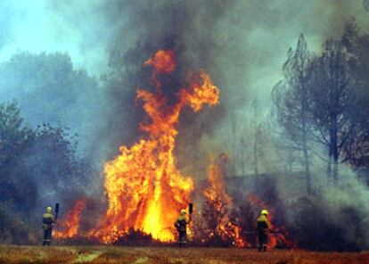 Los bomberos combaten las llamas en las inmediaciones de Sant Llorenç Savall.