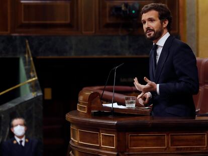 El presidente del PP, Pablo Casado, el pasado miércoles, en el Congreso.