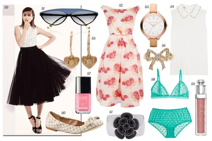 50. Dior. 51. Marni Gafas de sol con montura tricolor. 52. Asos Vestido con estampado de flores y falda de vuelo. 53. Michael Kors Reloj con correa de piel. 54. Miu Miu Top sin mangas con pedrera en el cuello. 55. Arena Cph Pendientes con corazones con lazos. 56. Q Anillo de lazo con strass. 57. Chanel Laca de u?as Le Vernis C May. 58. Oysho Conjunto de lencera de plumeti con braguita de tiro alto. 59. Dior Gloss Mystic Metallics C Addict. 60. Louis Vuitton Cruise Bailarina estampada con lazo en el empeine. 61. Philippe Ferrandis Brazalete con flor.