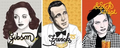 De izquierda a derecha: Bette Davis en 'Eva al desnudo', Humphrey Bogart en 'Casablanca' y Lauren Bacall en 'El sueño eterno ilustra'.