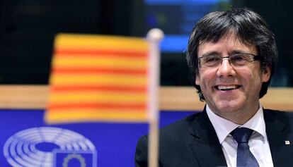 Carles Puigdemont, durant la conferència a Brussel·les.