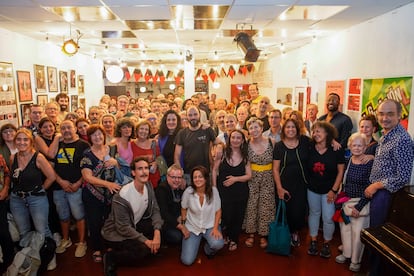 Socias y socios y trabajadoras y trabajadores del Teatro del Barrio, este martes en Madrid.