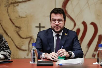 El presidente Pere Aragonès en un momento de la reunión del Govern del pasado martes.