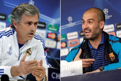 José Mourinho y Pep Guardiola, en sus respectivas ruedas de prensa previas al partido de hoy.