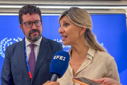 Yolanda Díaz, durante su visita de este martes a Ginebra con motivo de la conferencia anual de la Organización Internacional del Trabajo (OIT).