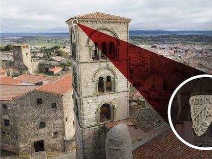 El escudo del Athletic Club en uno de los 52 capiteles de la Torre Julia, el campanario de la iglesia románica de Santa María la Mayor de Trujillo.