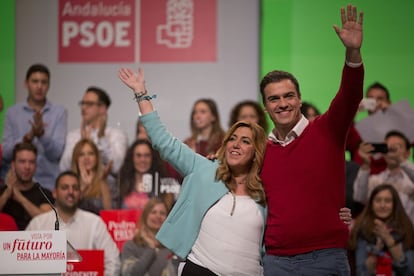 Pedro Sánchez y Susana Díaz, durante un mitin en Málaga.