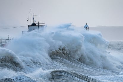 Waves pound the harbor at Porthcawl, Wales (UK) during Storm Eunice; February 18, 2022.