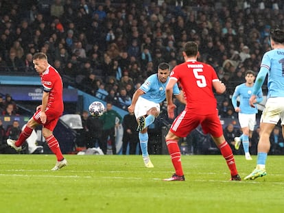 Manchester City's Rodri (centre let) scores their side's first goal of the game during the UEFA Champions League quarter final first leg match at Etihad Stadium, Manchester. Picture date: Tuesday April 11, 2023. (Photo by Nick Potts/PA Images via Getty Images)