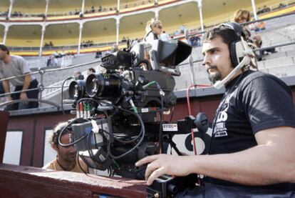 A Digital + television camera captures the action at Madrid's Las Ventas bullring.