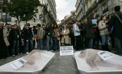 Un grupo de curiosos observa el acto organizado por la organizacion Igualdad Animal, en la Puerta del Sol (Madrid), con motivo del Día Internacional Sin Carne.