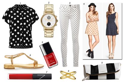 1. Topshop Camisa de manga corta. 2. DKNY Reloj dorado con tres esferas de colores. 3. Hudson Pantalón pitillo. 4. H&M. 5. Chanel Laca de uñas 'Le Vernis-Rouge Rubis'. 6. Bottega Veneta Sandalia de piel dorada. 7. NARS Lip gloss. 8. Aristocrazy Anillo de oro. 9. Burberry Prorsum Clutch de piel bicolor.