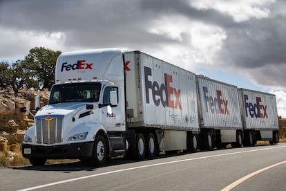 A mega truck with three trailers in Utah (USA). 