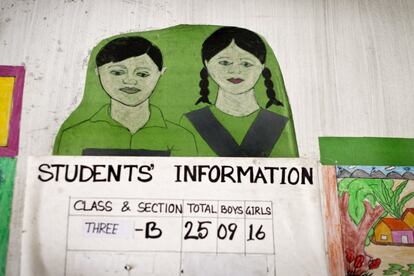 Cartel en la escuela de Educo en el barrio de chabolas de Korail, en Dacca, en el que se puede ver la proporción de niños y niñas en una clase.