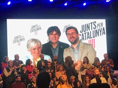 Clara Ponsatí, Carles Puigdemont y Toni Comín, en videoconferencia tras conocerse los resultados de las elecciones europeas.