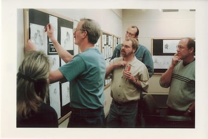 John Musker, Ron Clements and the rest of the team work on 'Treasure Planet'.