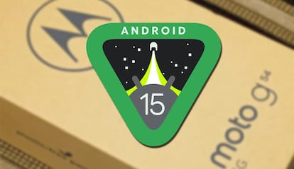 Caja de un teléfono de Motorola con el logotipo de Android 15