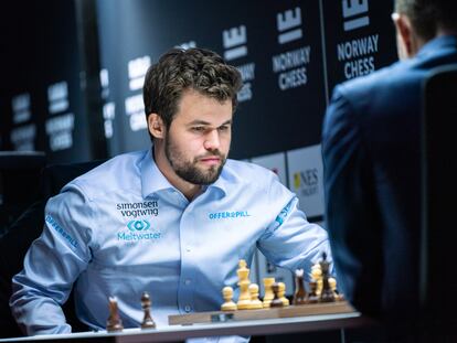 Magnus Carlsen, durante su partida de hoy contra Kariakin