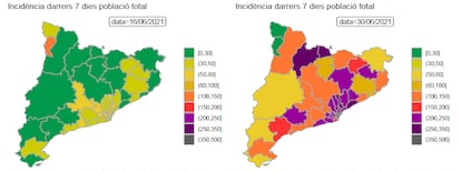 Comparación de la incidencia acumulada en los últimos siete días en las diferentes comarcas de Cataluña. A la izquierda, la situación el 16 de junio; a la derecha, el 30 de junio. Gráfico elaborado por el grupo de investigación BioComSC, perteneciente a la UPC.