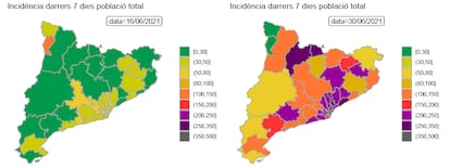 Comparación de la incidencia acumulada en los últimos siete días en las diferentes comarcas de Cataluña. A la izquierda, la situación el 16 de junio; a la derecha, el 30 de junio. Gráfico elaborado por el grupo de investigación BioComSC, perteneciente a la UPC. 