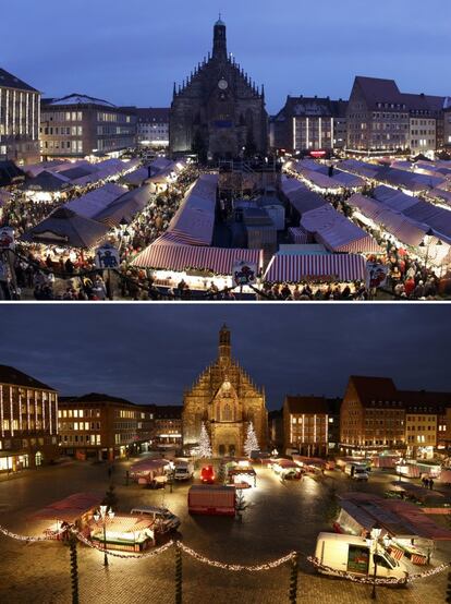 Arriba, mercadillo navideño en Núremberg (Alemania), el 1 de diciembre de 2017. Abajo, el mismo lugar el 23 de noviembre de 2020.