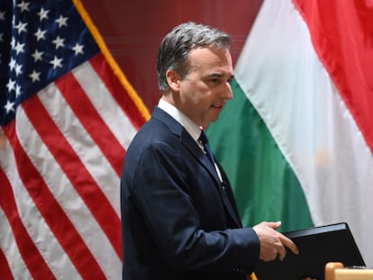 David Pressman, embajador de EE UU en Hungría, este miércoles durante la conferencia de prensa en Budapest.