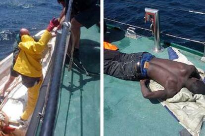Rescate a pulso de uno de los inmigrantes y un subsahariano extenuado descansa sobre la patrullera.
