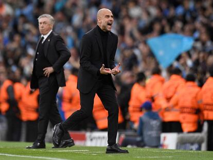 Guardiola celebra el segundo gol del Manchester City.