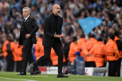 Guardiola celebra el segundo gol del Manchester City.