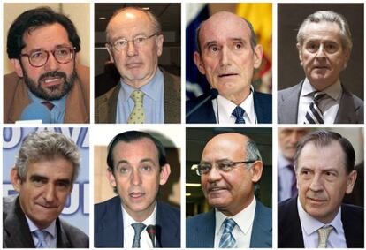 Some of the ex-Caja Madrid officials involved in the scandal. Top, left to right: José Antonio Moral Santín, Rodrigo Rato, José Manuel Fernández Norniella and Miguel Blesa. Bottom: Matías Amat, Estanislao Rodríguez-Ponga, Gerardo Díaz Ferrán and Ildefonso Sánchez Barcoj.