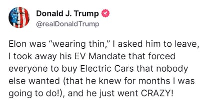 Mensaje de Donald Trump publicado en la red social 'Truth Social', este 5 de junio.